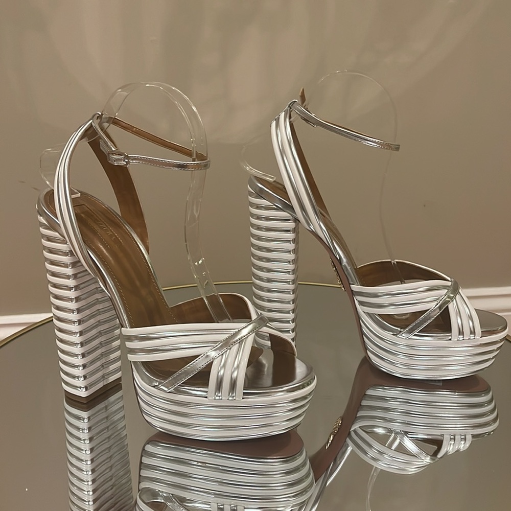 Aquazzura Sundance Silver metallic Platform heeled sandals sz 41 - Picture 9 of 17